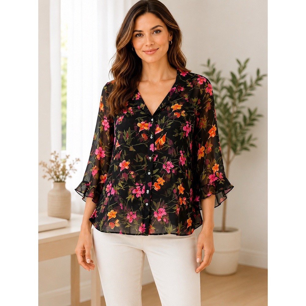 TESS Women's 100% Silk Floral Sheer Button Front Blouse Size 12 Black 3/4 Sleeve